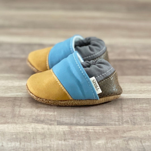 Mustard, Blue, and Grey Striped Baby Moccasins