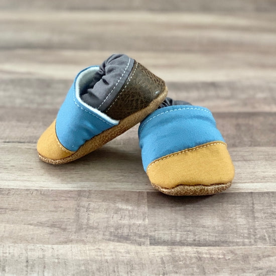 Mustard, Blue, and Grey Striped Baby Moccasins